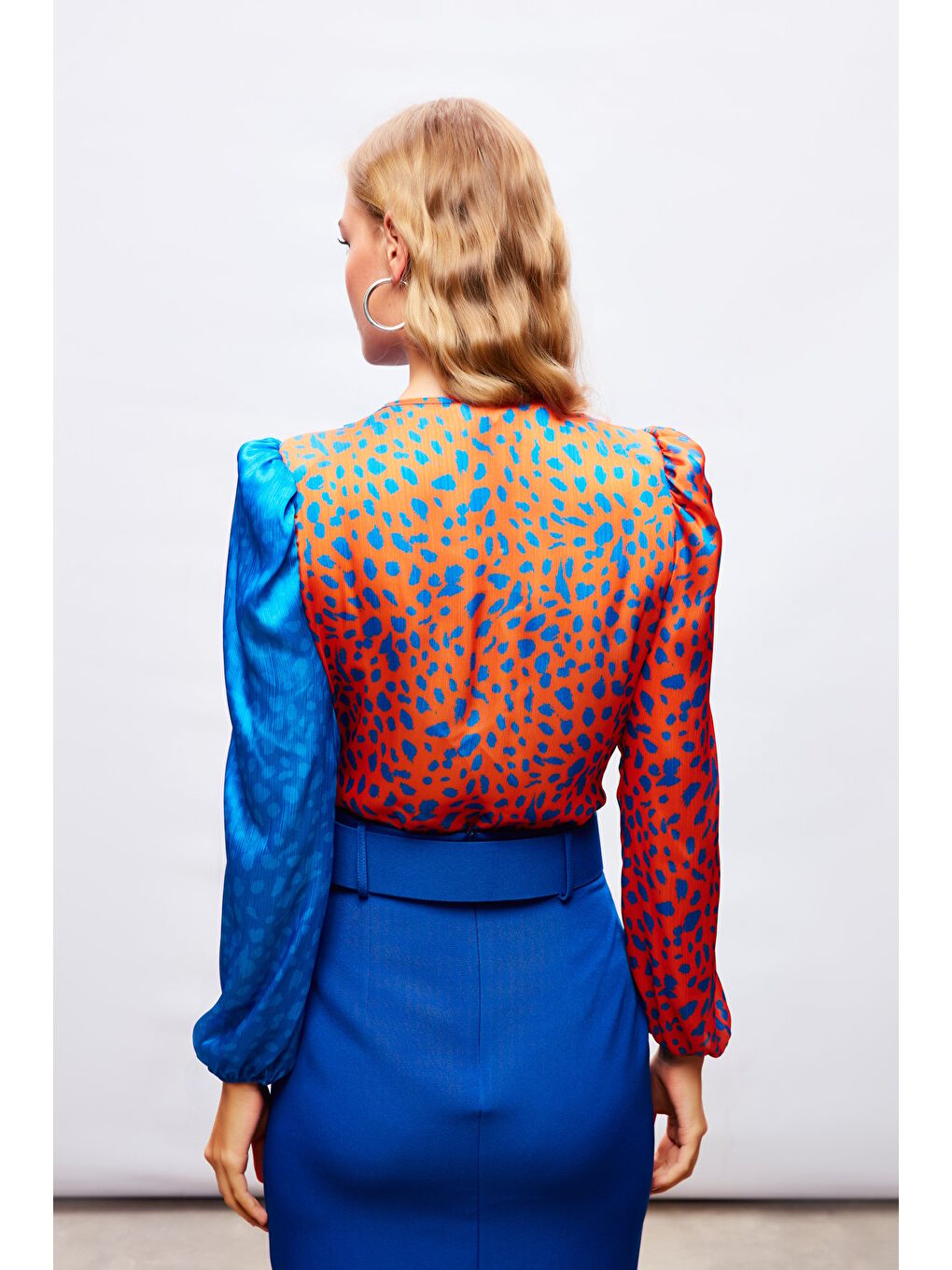 Turuncu Kruvaze Desenli Bodysuit - Oranj-Sax Mavi-6