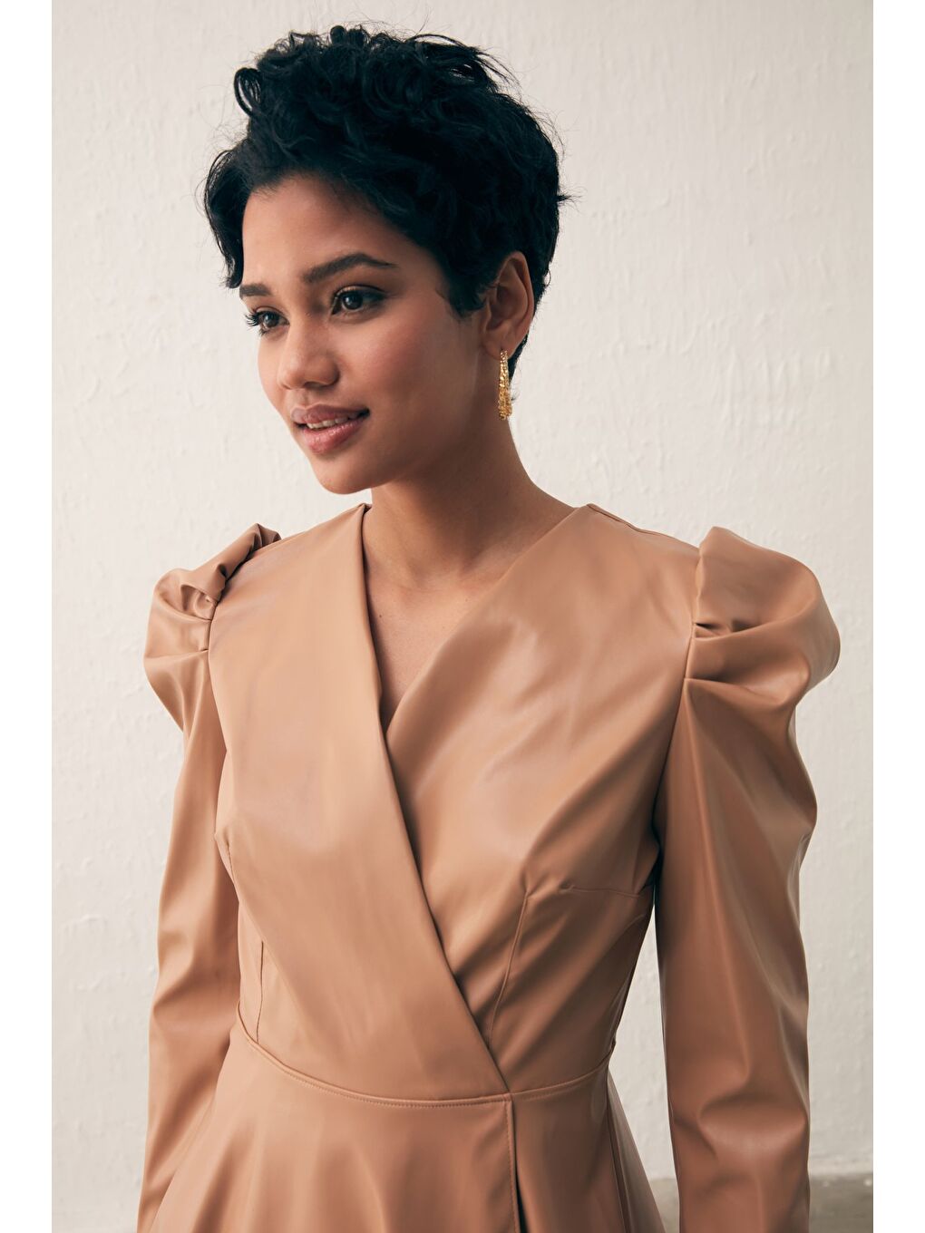 Kahverengi Kruvaze Deri Bluz - Camel-1