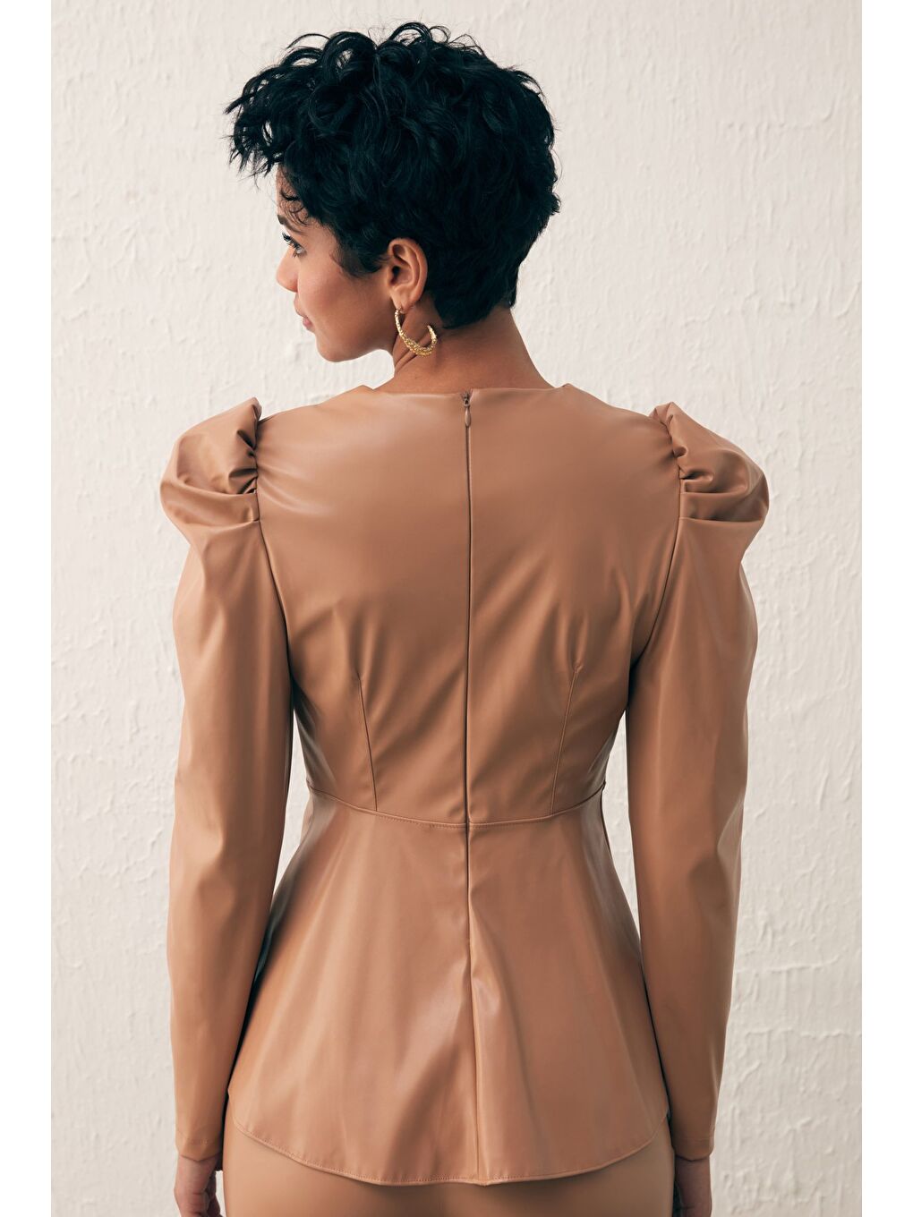 Kahverengi Kruvaze Deri Bluz - Camel-3