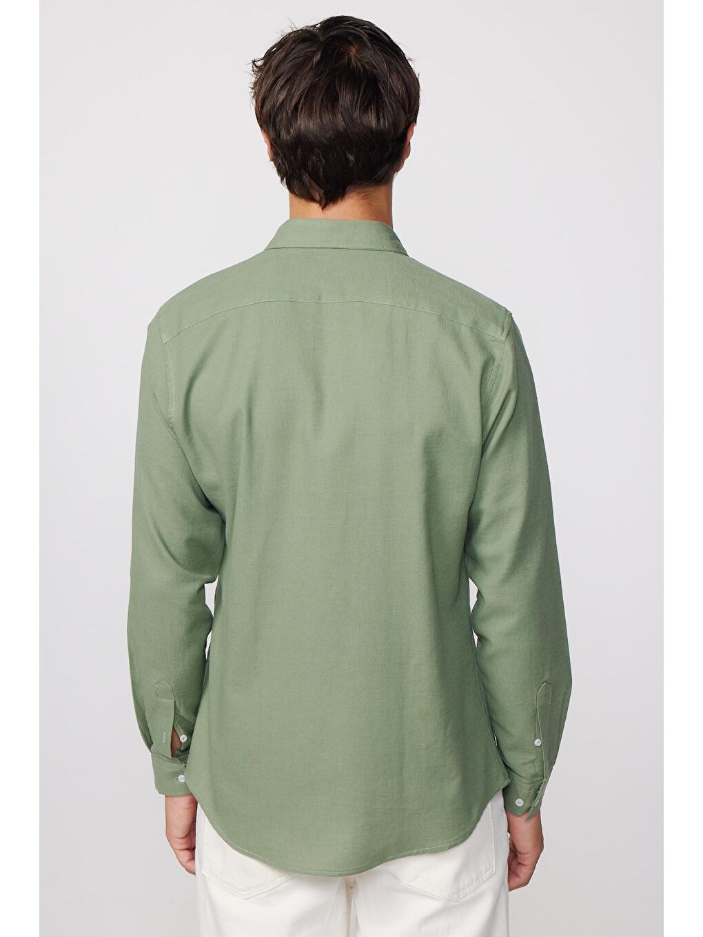 Slim Fit Uzun Kol Keten Efekt Düz Biyeli Haki Gömlek-4