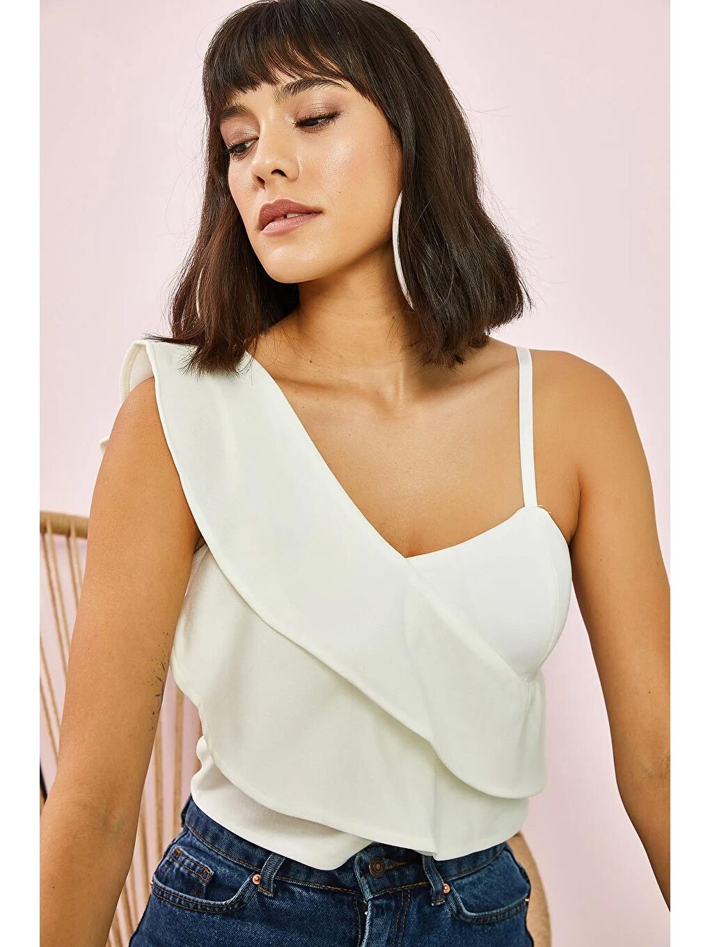 Tek Omuz Desenli Bluz - Beyaz-1