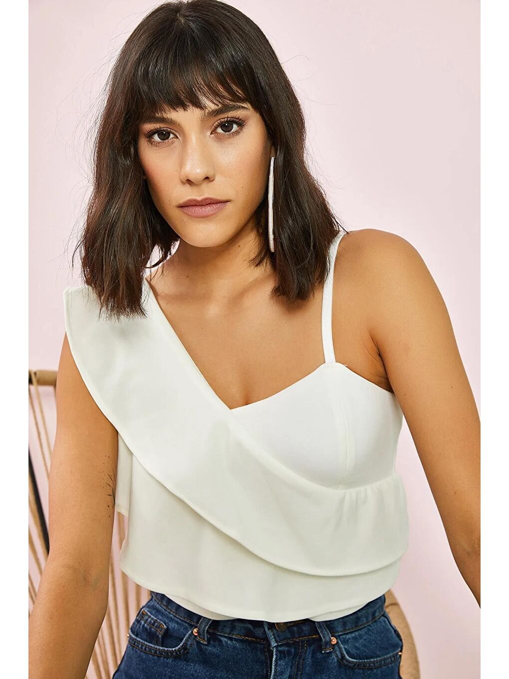 Tek Omuz Desenli Bluz - Beyaz-2