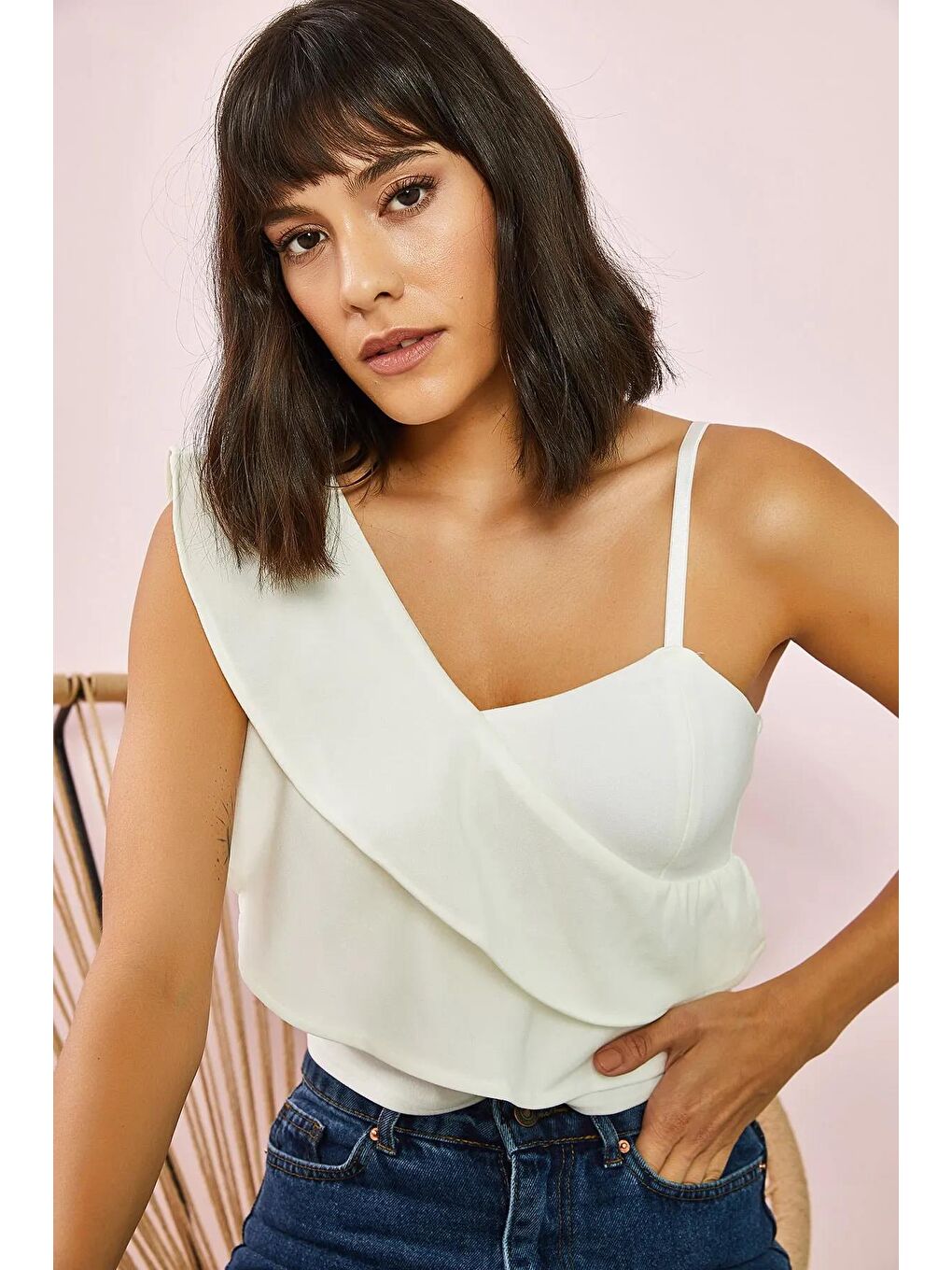 Tek Omuz Desenli Bluz - Beyaz-3