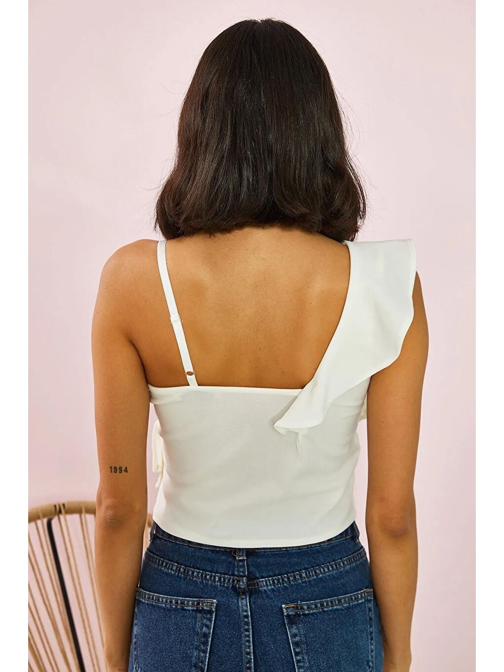 Tek Omuz Desenli Bluz - Beyaz-4