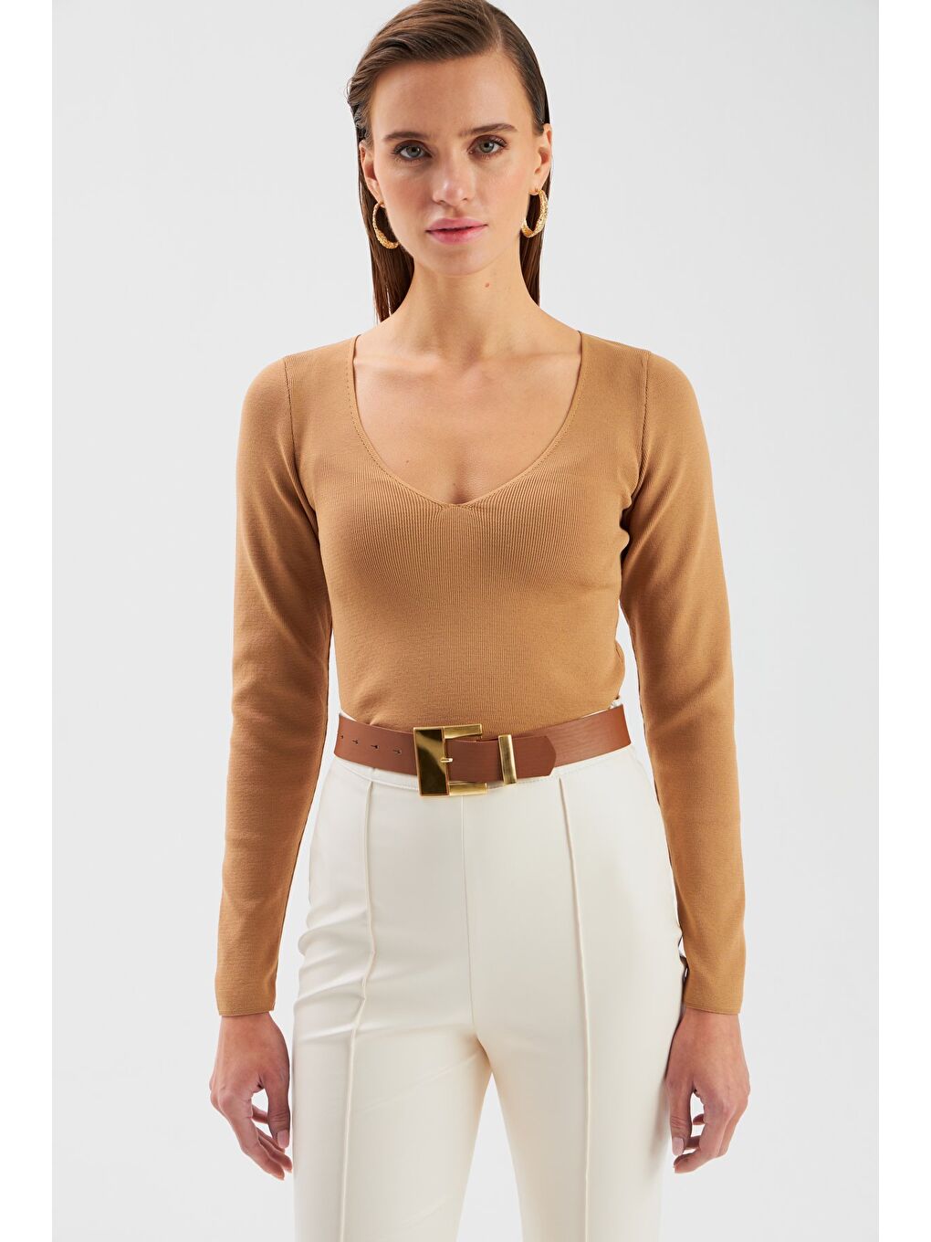 Bej V Yaka Crop Triko - Vizon-2