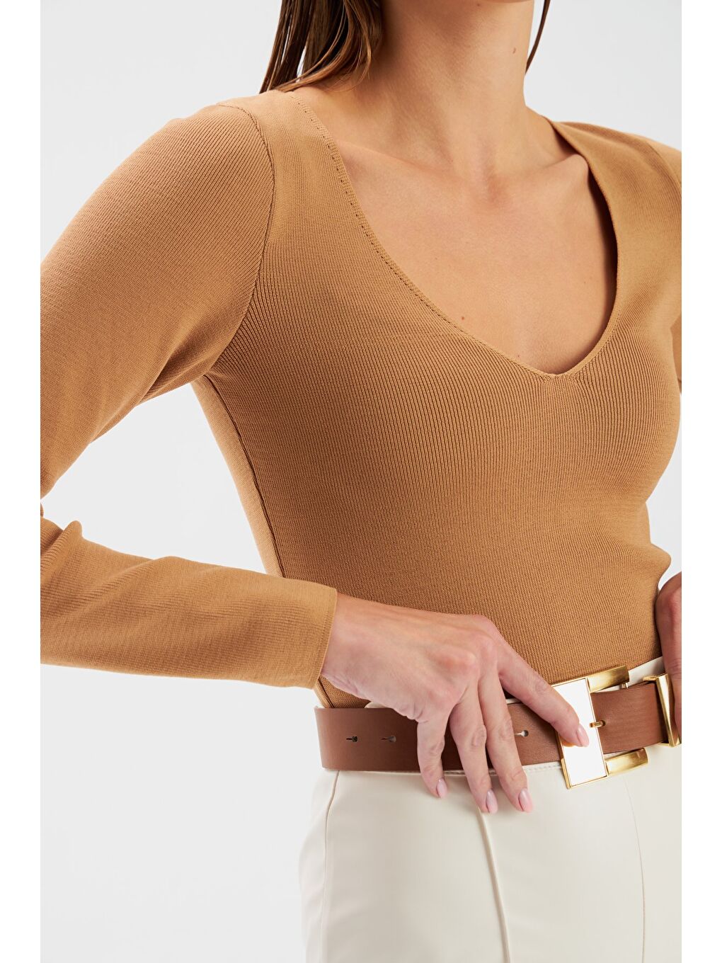 Bej V Yaka Crop Triko - Vizon-3