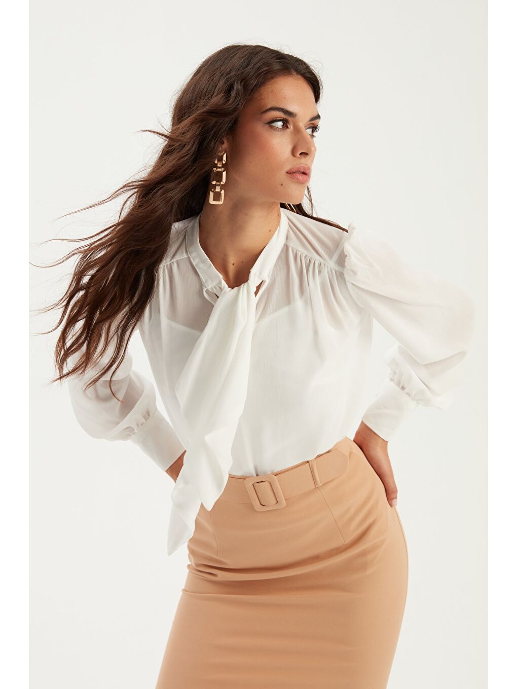 Fular Yaka Salaş Bluz - Ekru