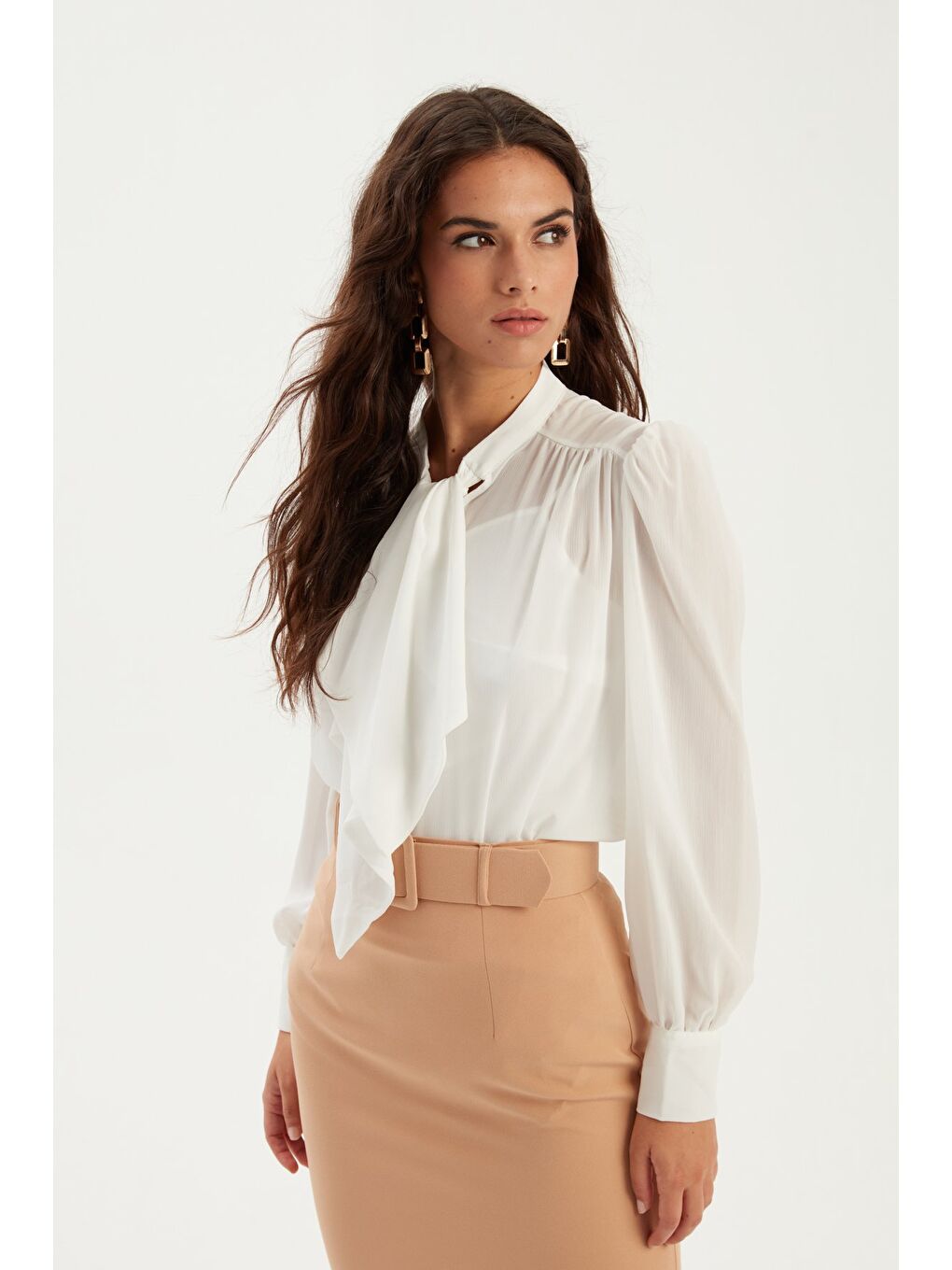 Fular Yaka Salaş Bluz - Ekru-1