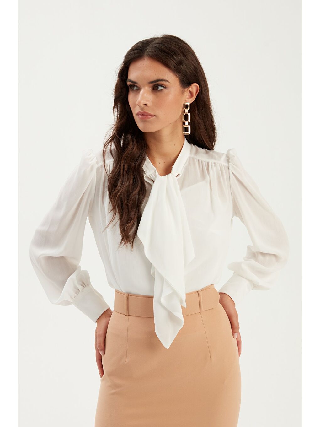 Fular Yaka Salaş Bluz - Ekru-3