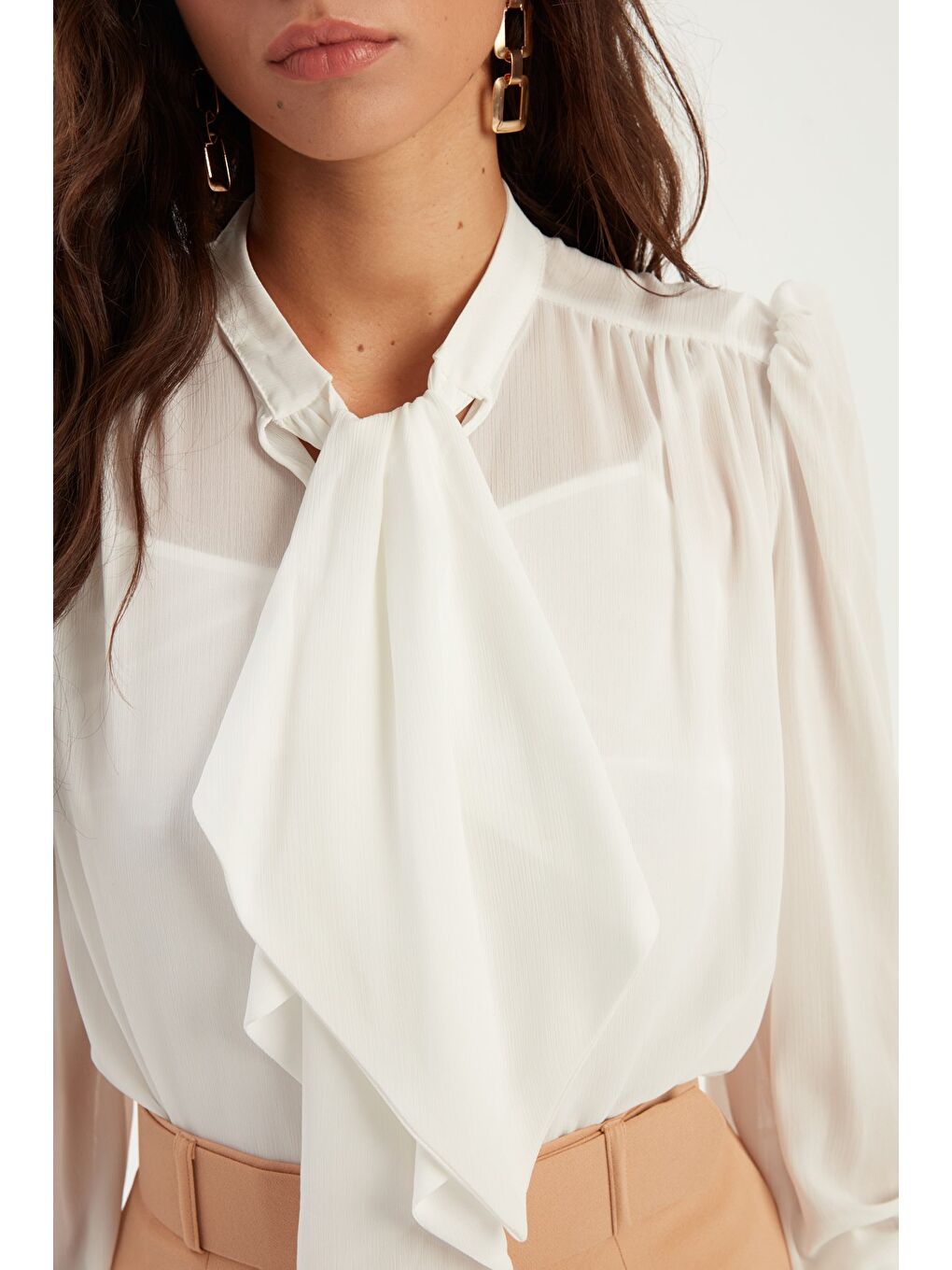 Fular Yaka Salaş Bluz - Ekru-4