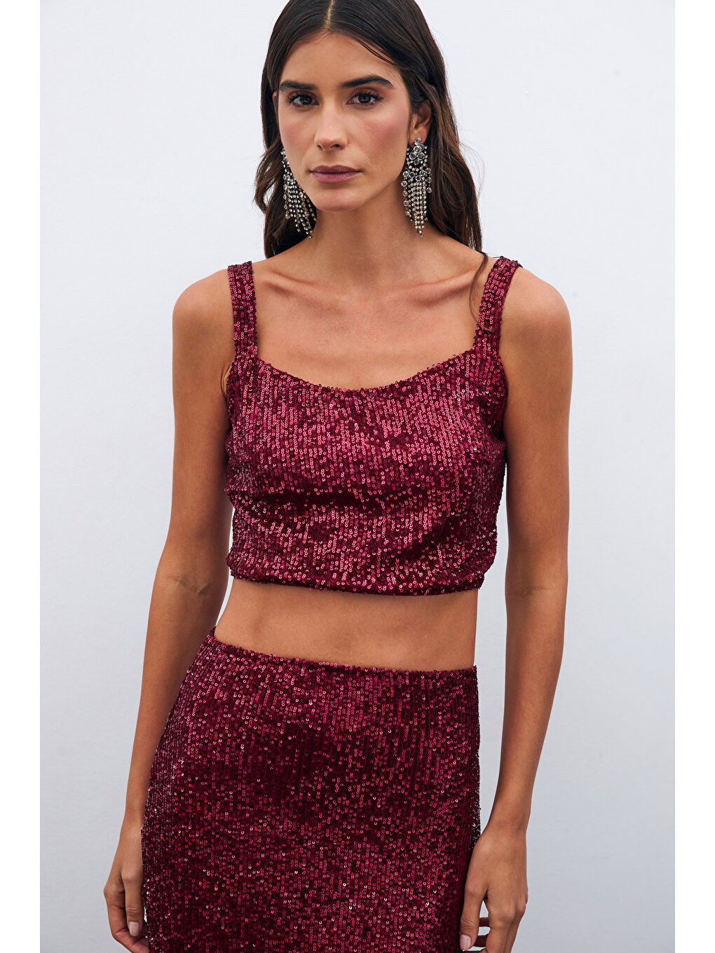 SATEEN Payetli Crop Bluz - Bordo - 1