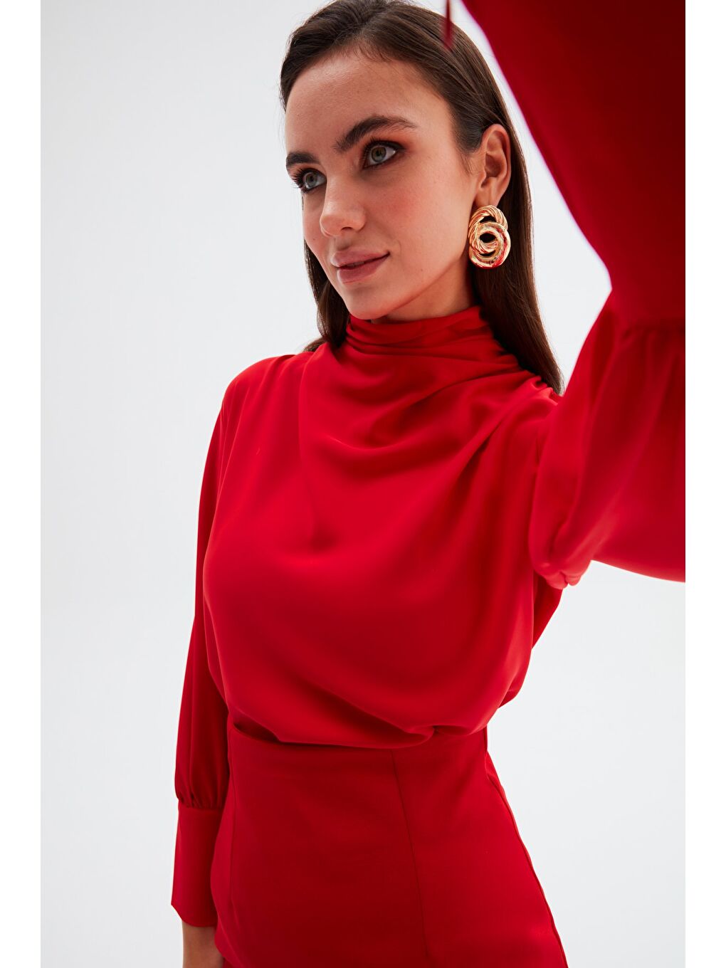 Drape Detaylı Bluz - Kırmızı-1