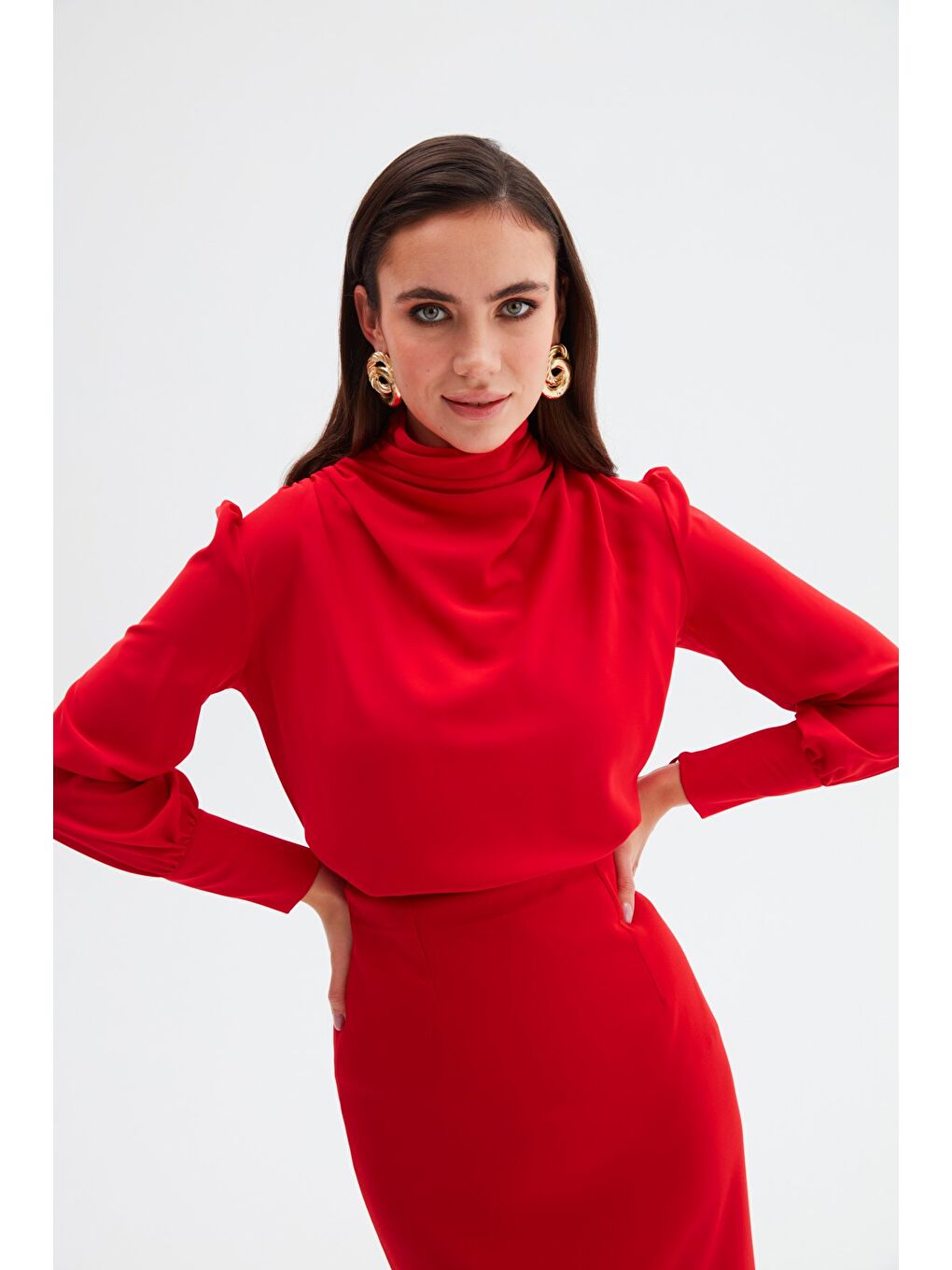 Drape Detaylı Bluz - Kırmızı-4