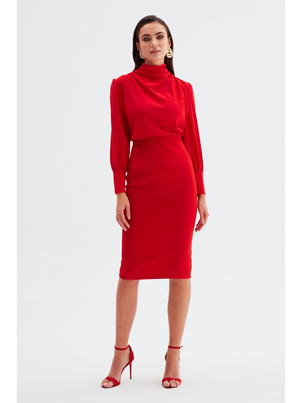 Drape Detaylı Bluz - Kırmızı-6