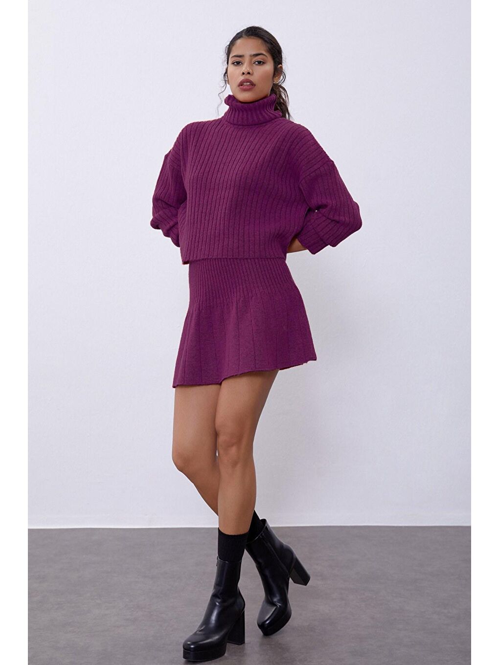 Mürdüm Fitilli Etek Kazak Triko Takım SWTK4264-65MU-2