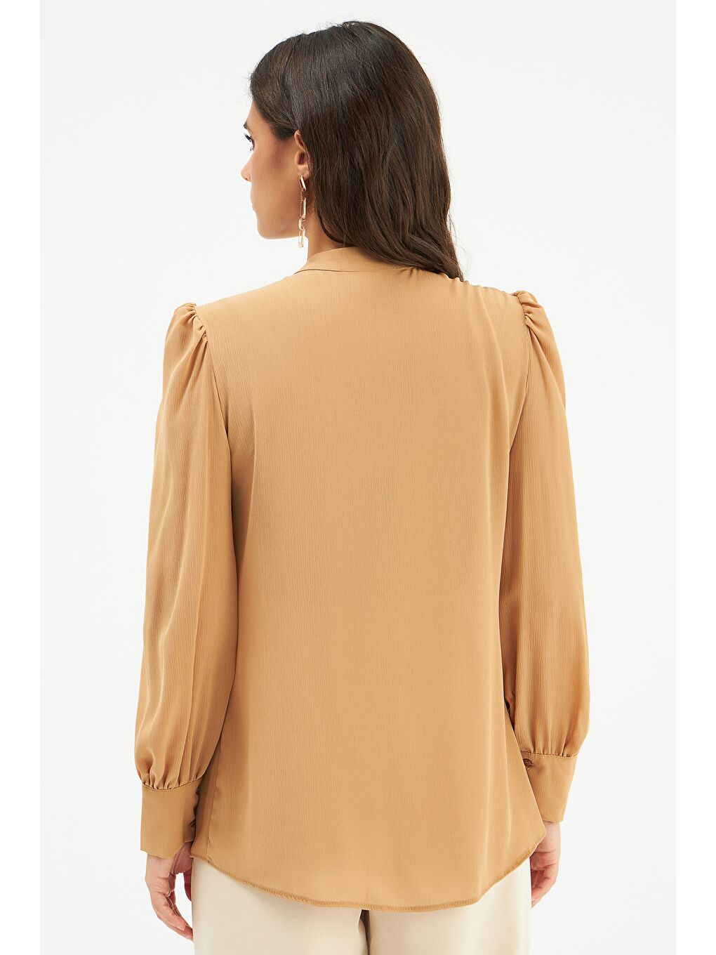 SATEEN Kahverengi Fular Yaka Salaş Bluz - Camel - 5
