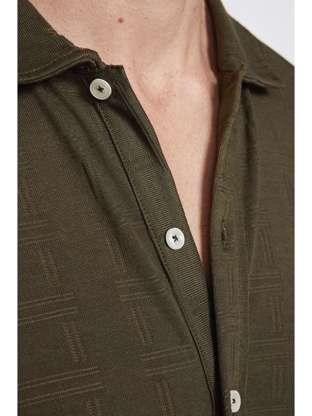 Erkek Slim Fit Kısa Kollu Desenli  Örme Haki Gömlek-3