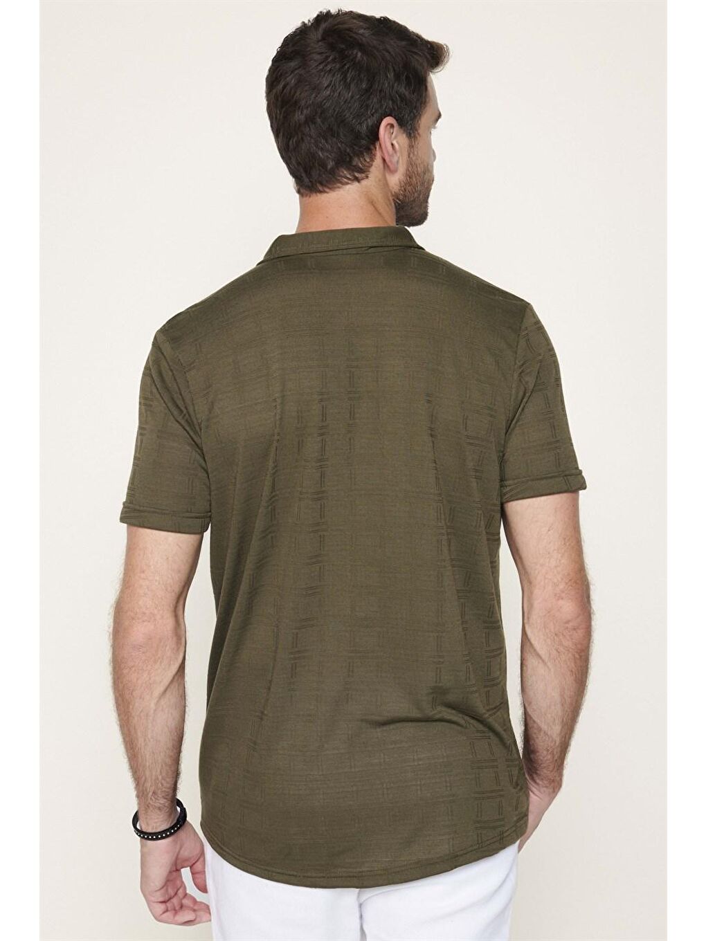 Erkek Slim Fit Kısa Kollu Desenli  Örme Haki Gömlek-4