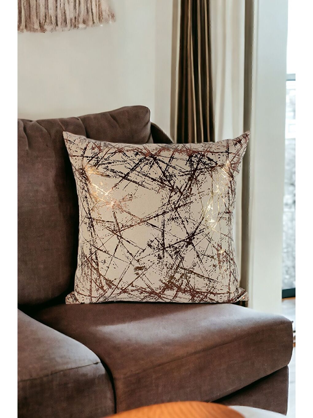 Turuncu Bej Bakır Varak Desenli Kırlent Kılıfı Dekoratif Yumuşak Salon Koltuk