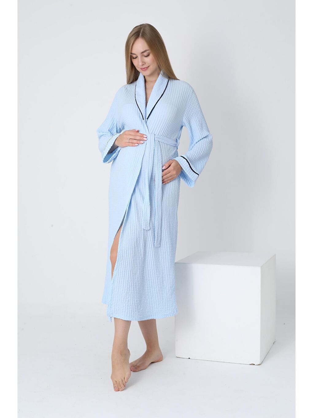 Bebe Mavisi Örgü Kumaş Gömlek Yaka Bel Kuşaklı Sabahlık-2