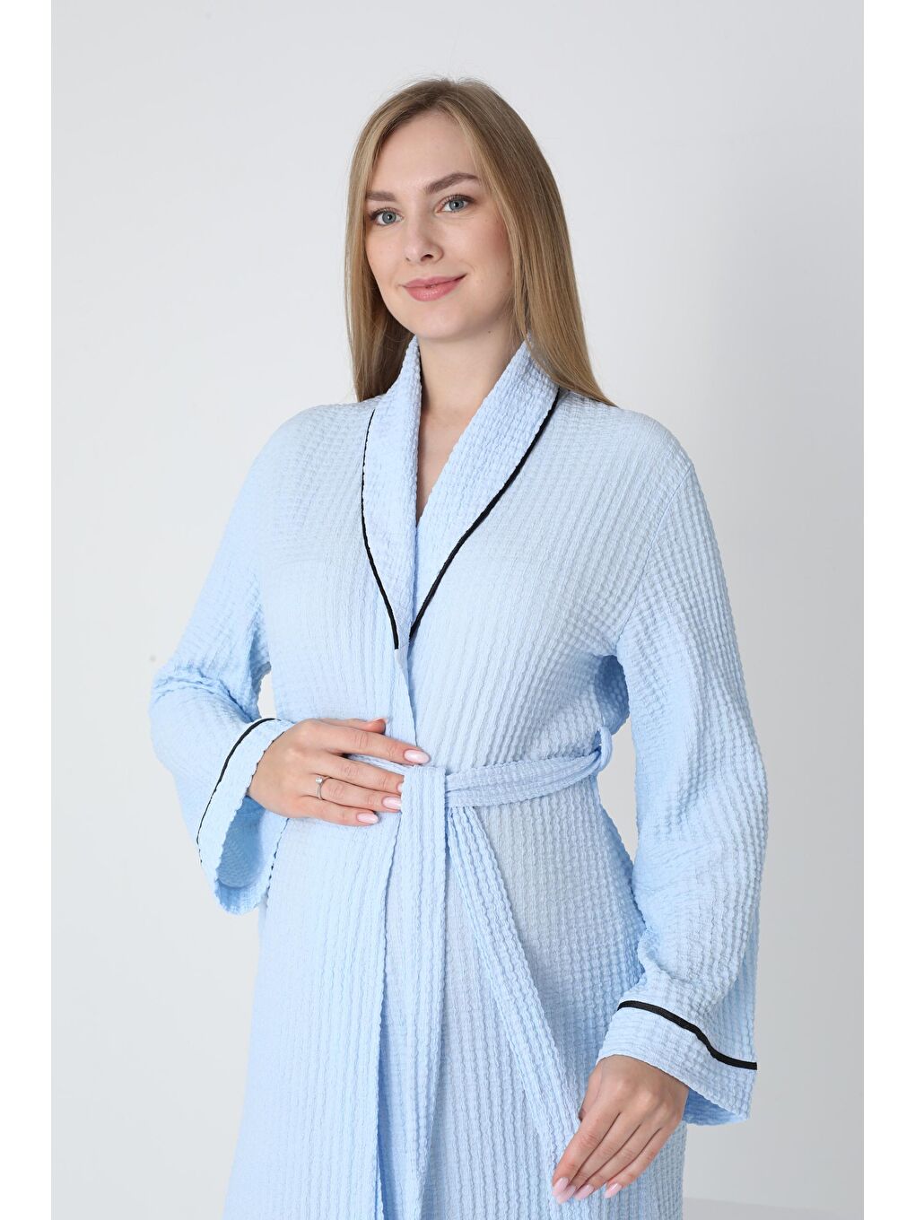 Bebe Mavisi Örgü Kumaş Gömlek Yaka Bel Kuşaklı Sabahlık-4