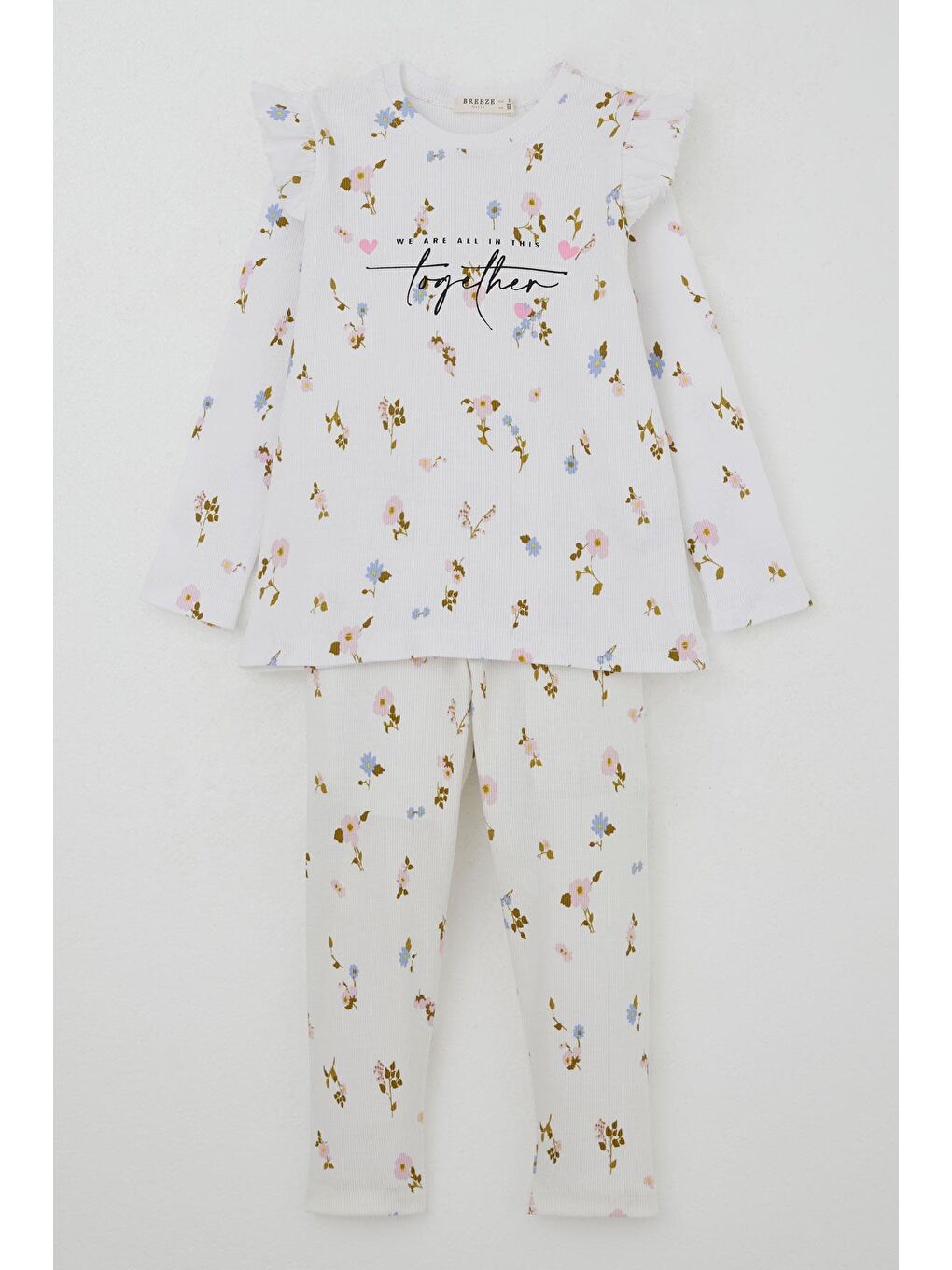 Kız Çocuk Taytlı Takım Renkli Çiçek Desenli Omuzu Fırfırlı Beyaz (2-6 Yaş)-9