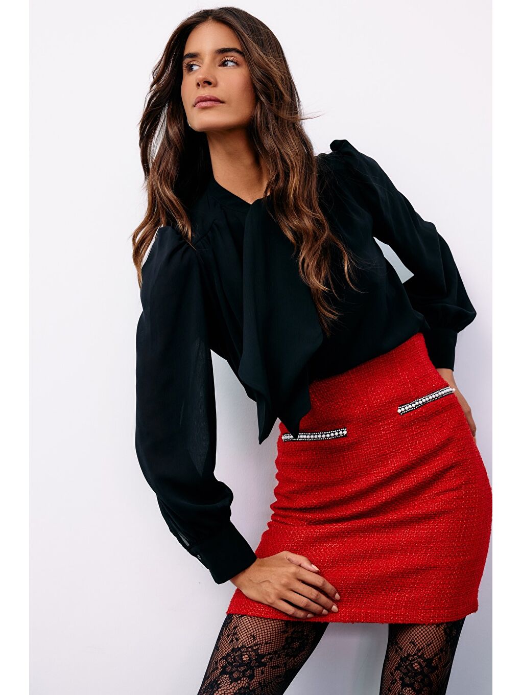 SATEEN Fular Yaka Salaş Bluz - Siyah - 4