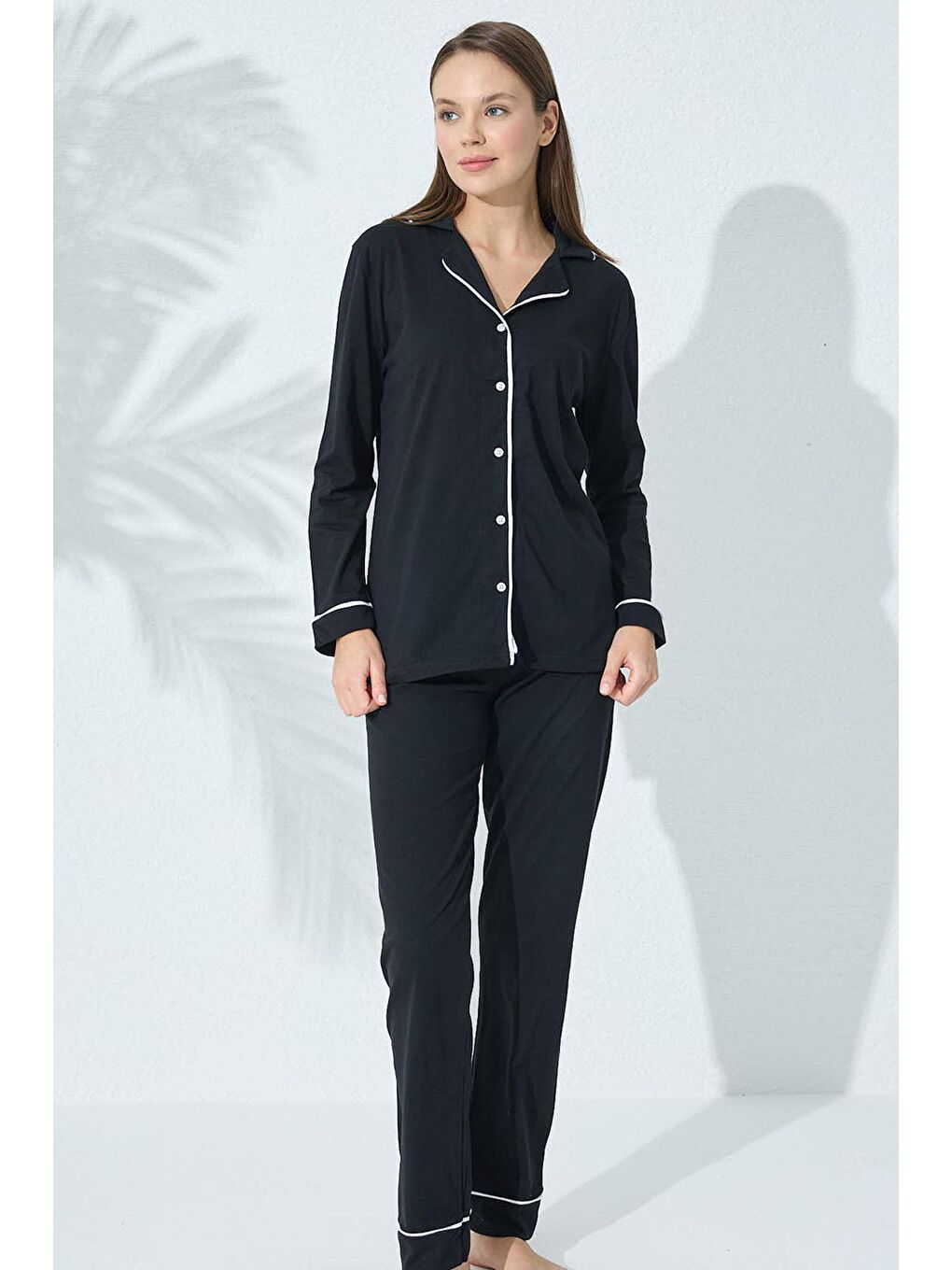 Siyah Pamuklu Düğmeli Biyeli Pijama Takım-1