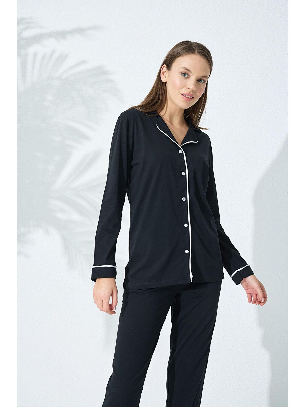 Siyah Pamuklu Düğmeli Biyeli Pijama Takım-2