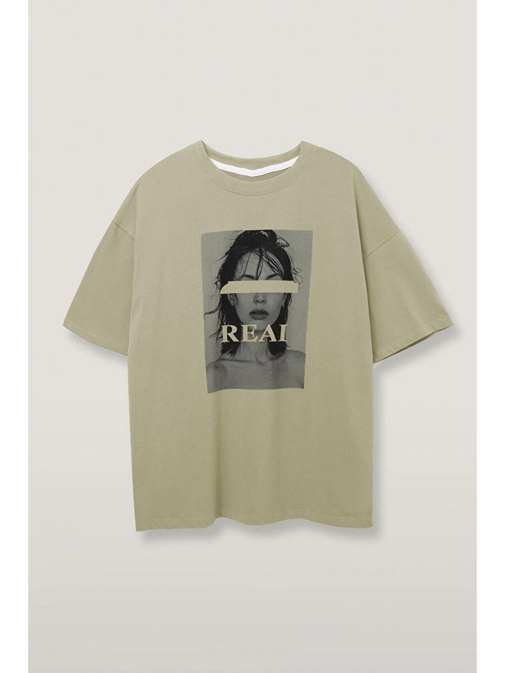 Bej Oversize Baskılı Kadın Tişört Mg1764-2