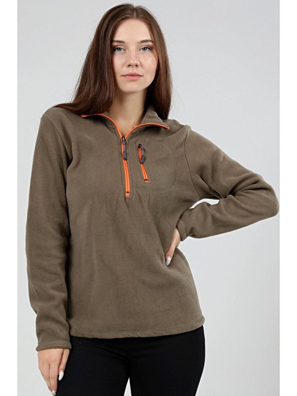 Haki Store Kadın Polar Yarım Fermuarlı Outdoor Cepli Spor Polar