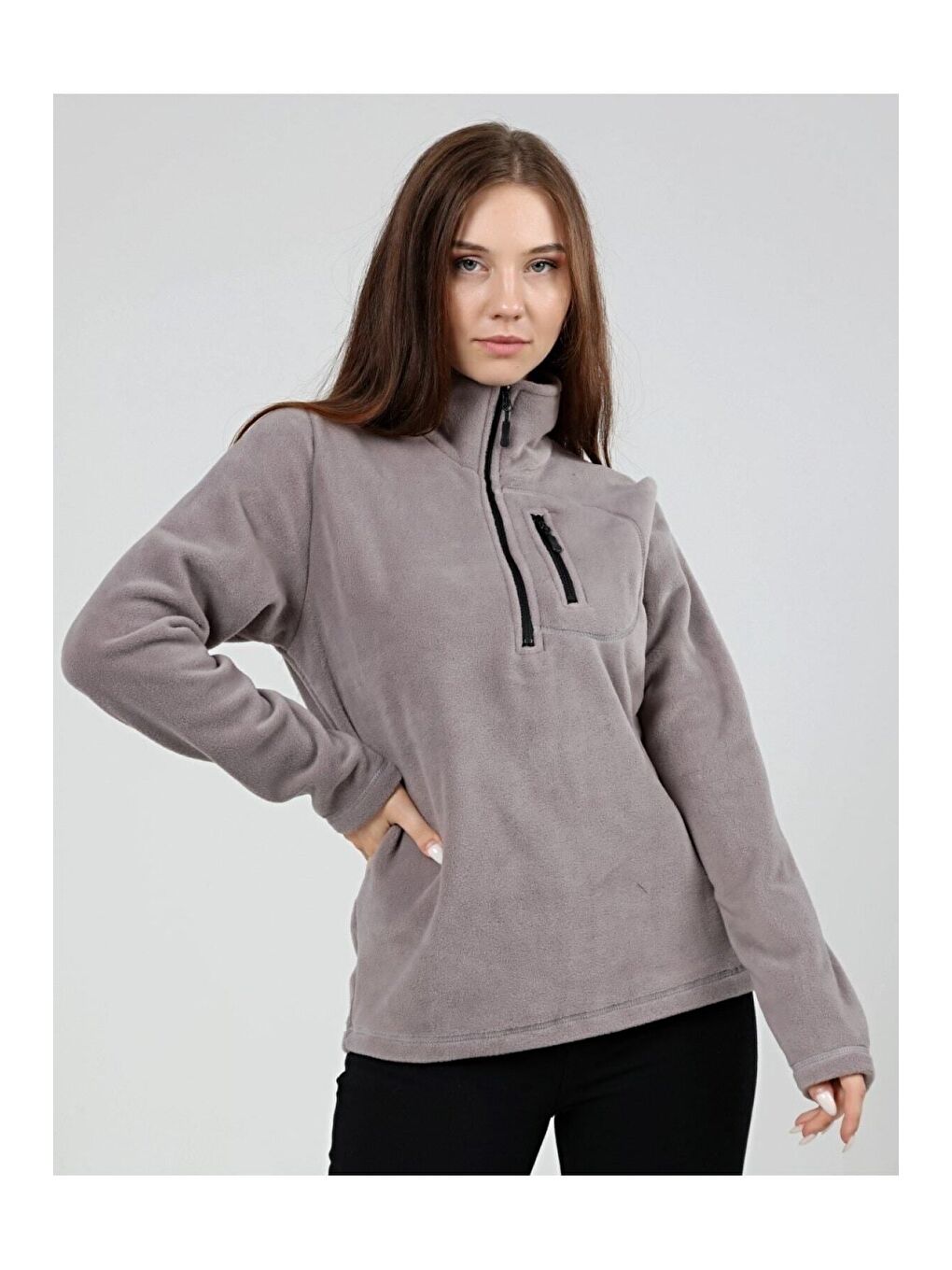 Gri Store Kadın Polar Yarım Fermuarlı Outdoor Cepli Spor Polar