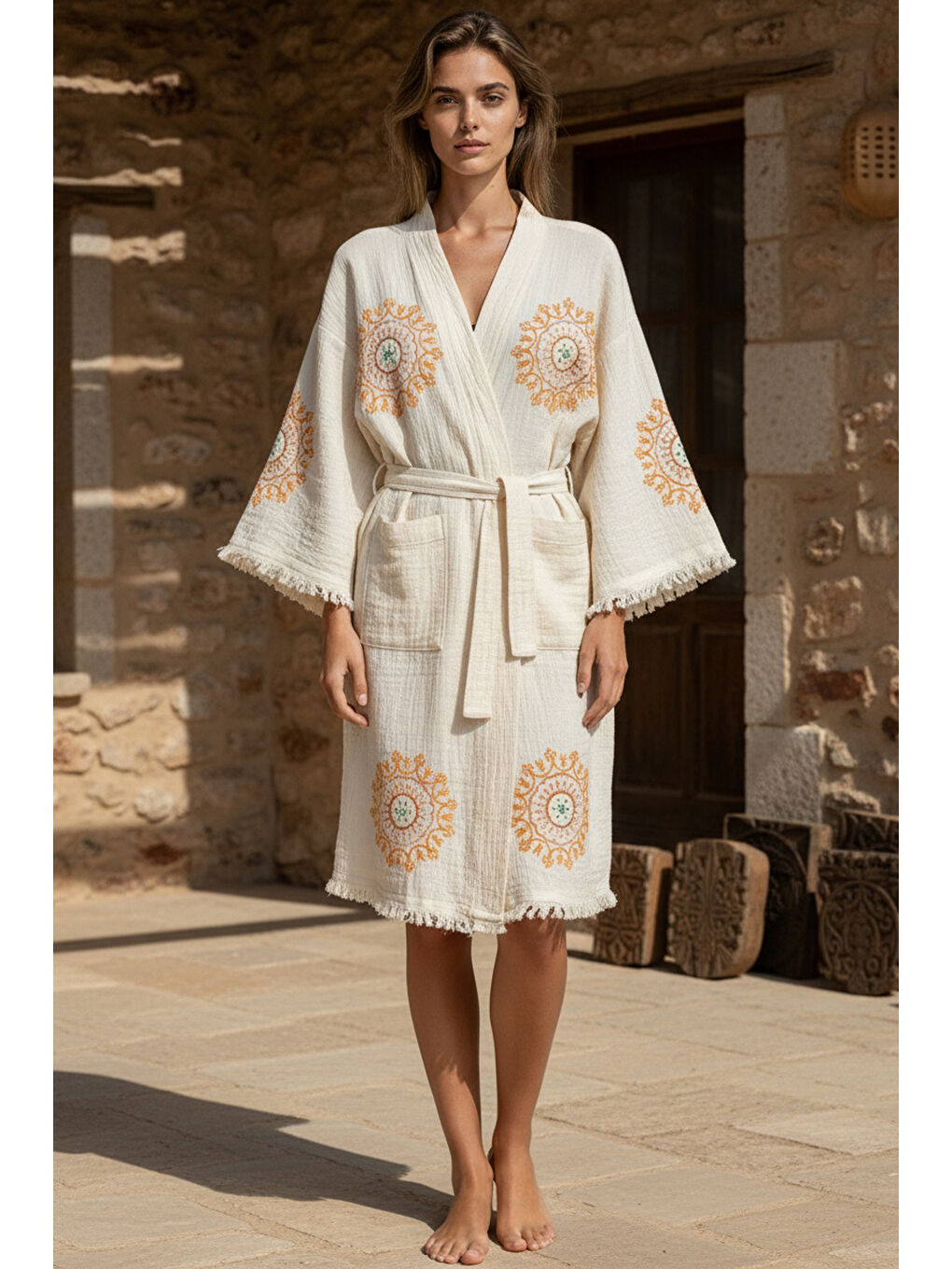 Ekru Organik %100 Pamuk Kimono Yaka Sabalık Bornoz - Lemura