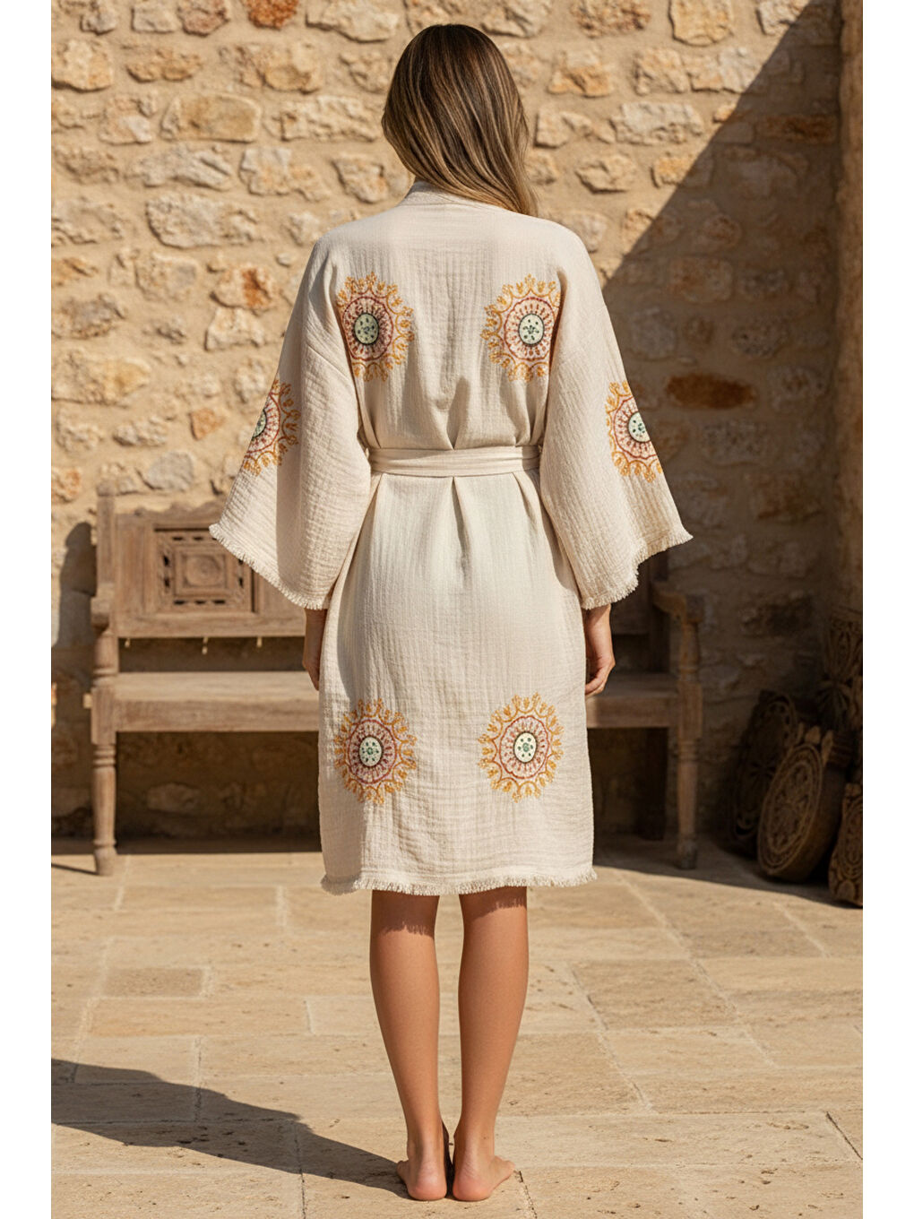 Ekru Organik %100 Pamuk Kimono Yaka Sabalık Bornoz - Lemura-4