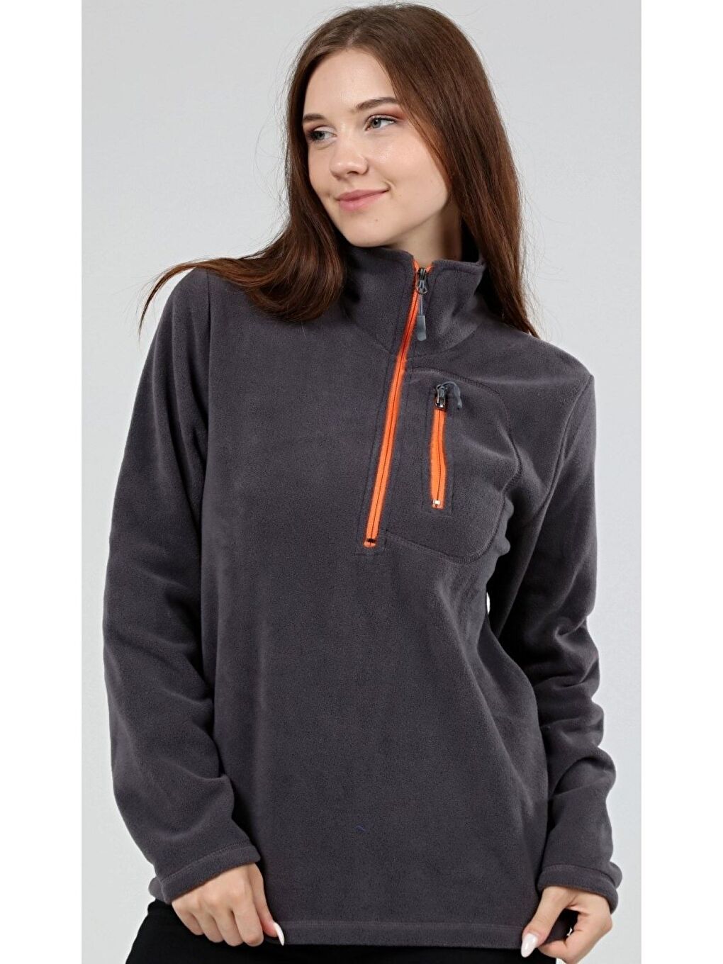 Gri Store Kadın Polar Yarım Fermuarlı Outdoor Cepli Spor Polar
