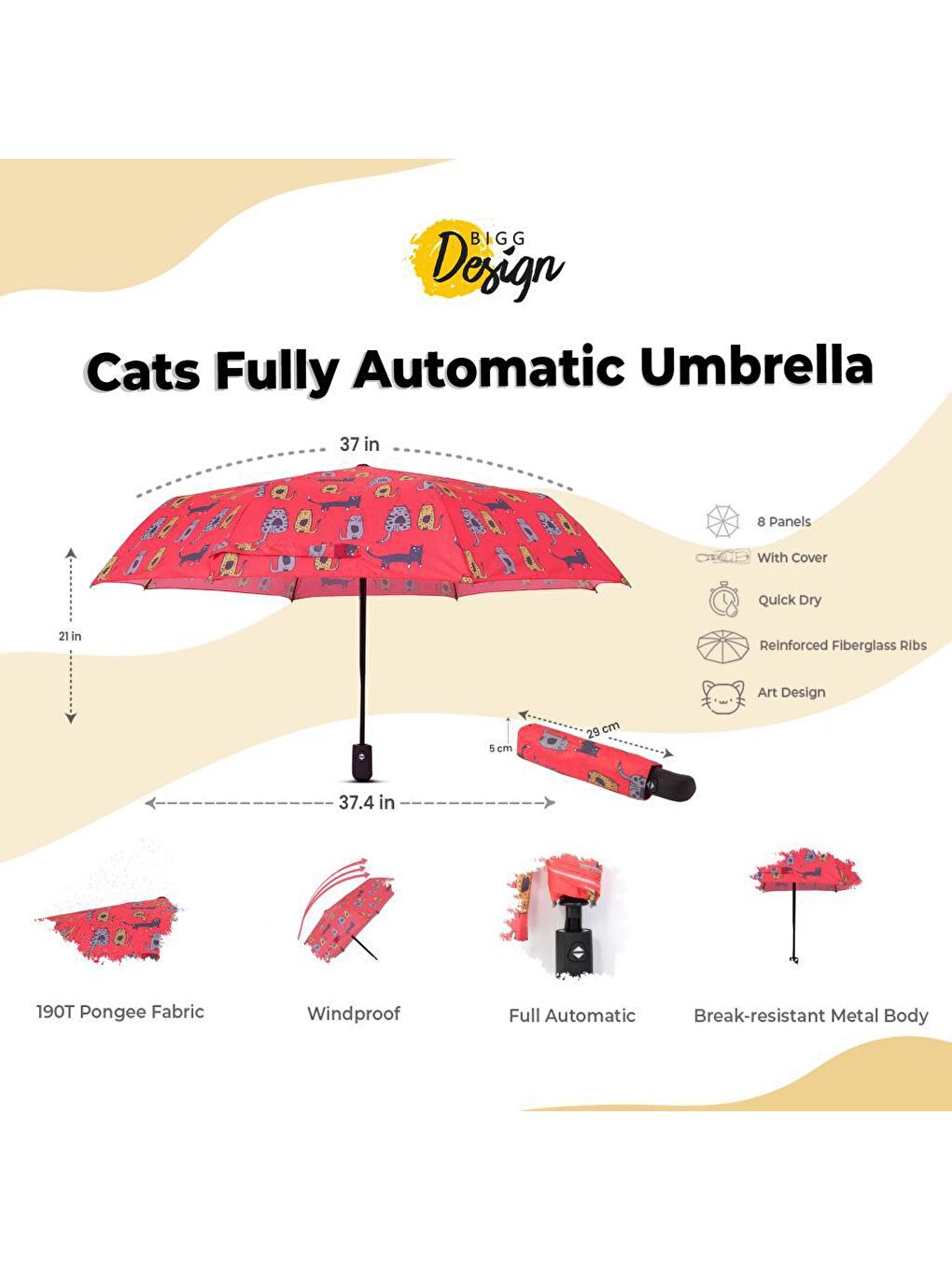 Biggdesign Kırmızı Cats Tam Otomatik Şemsiye - 7