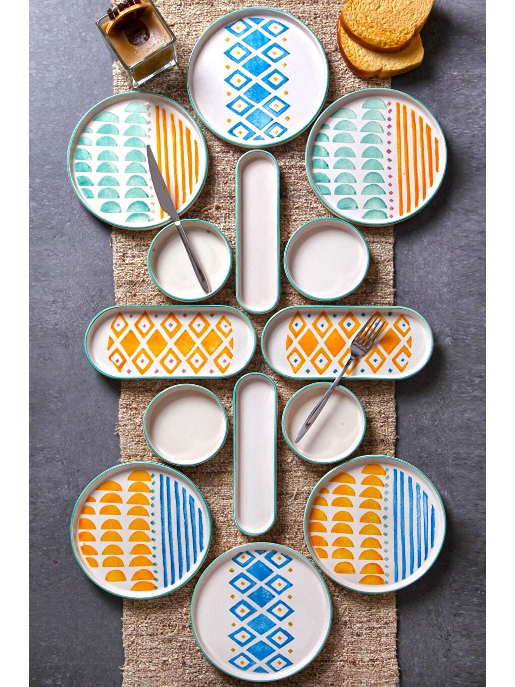 Karışık 14 Parça 6 Kişilik Handmade Renk Kahvaltı Takımı - Lüx Kahvaltılık Sunum Seti