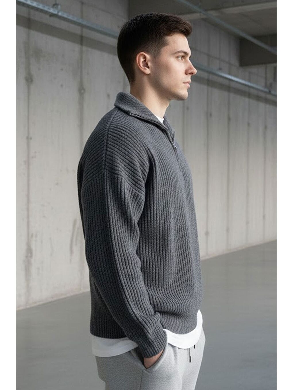 Gri Erkek Oversize Fermuarlı Balıkçı Triko Kazak-1