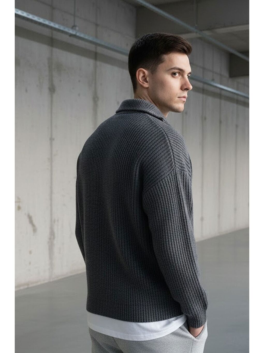 Gri Erkek Oversize Fermuarlı Balıkçı Triko Kazak-2