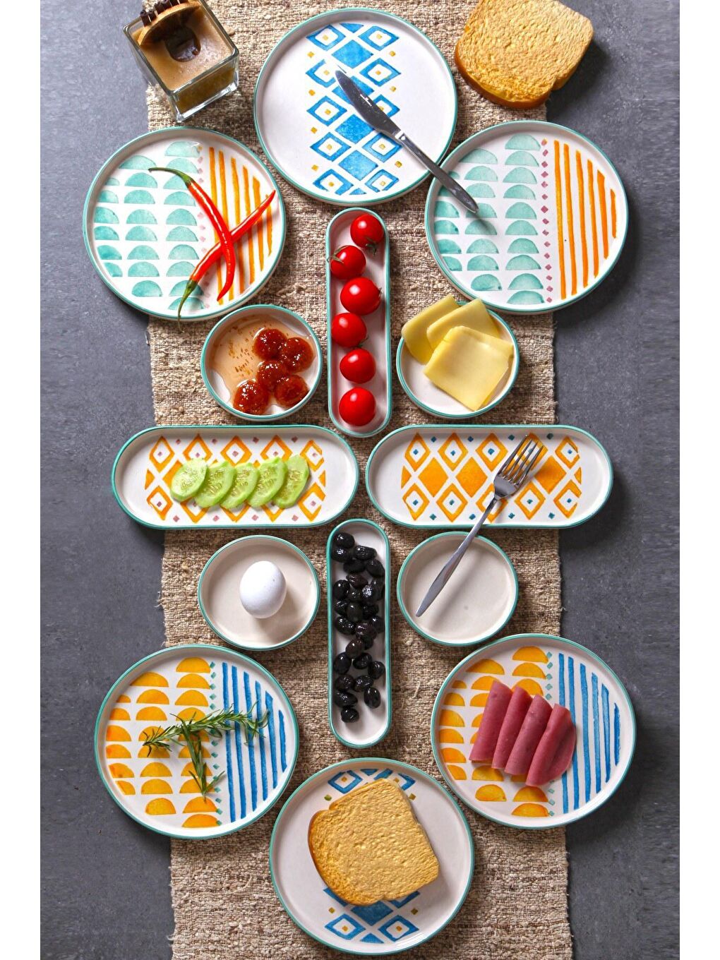Karışık 14 Parça 6 Kişilik Handmade Renk Kahvaltı Takımı - Lüx Kahvaltılık Sunum Seti-1