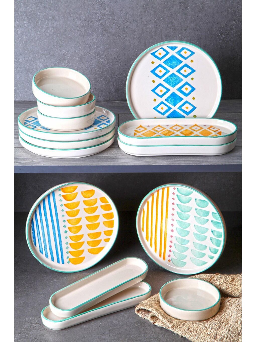 Karışık 14 Parça 6 Kişilik Handmade Renk Kahvaltı Takımı - Lüx Kahvaltılık Sunum Seti-2