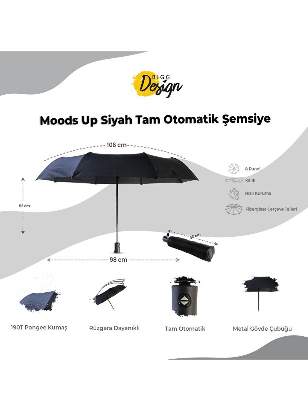 Biggdesign Siyah Moods Up Siyah Tam Otomatik Şemsiye - 7