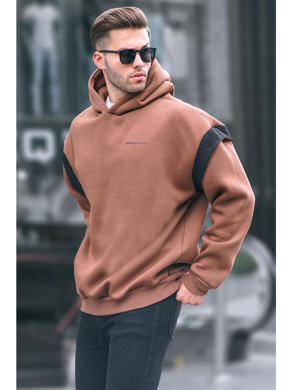 Madmext Kahverengi Beyaz Oversize Kapüşonlu Sweatshirt 6147