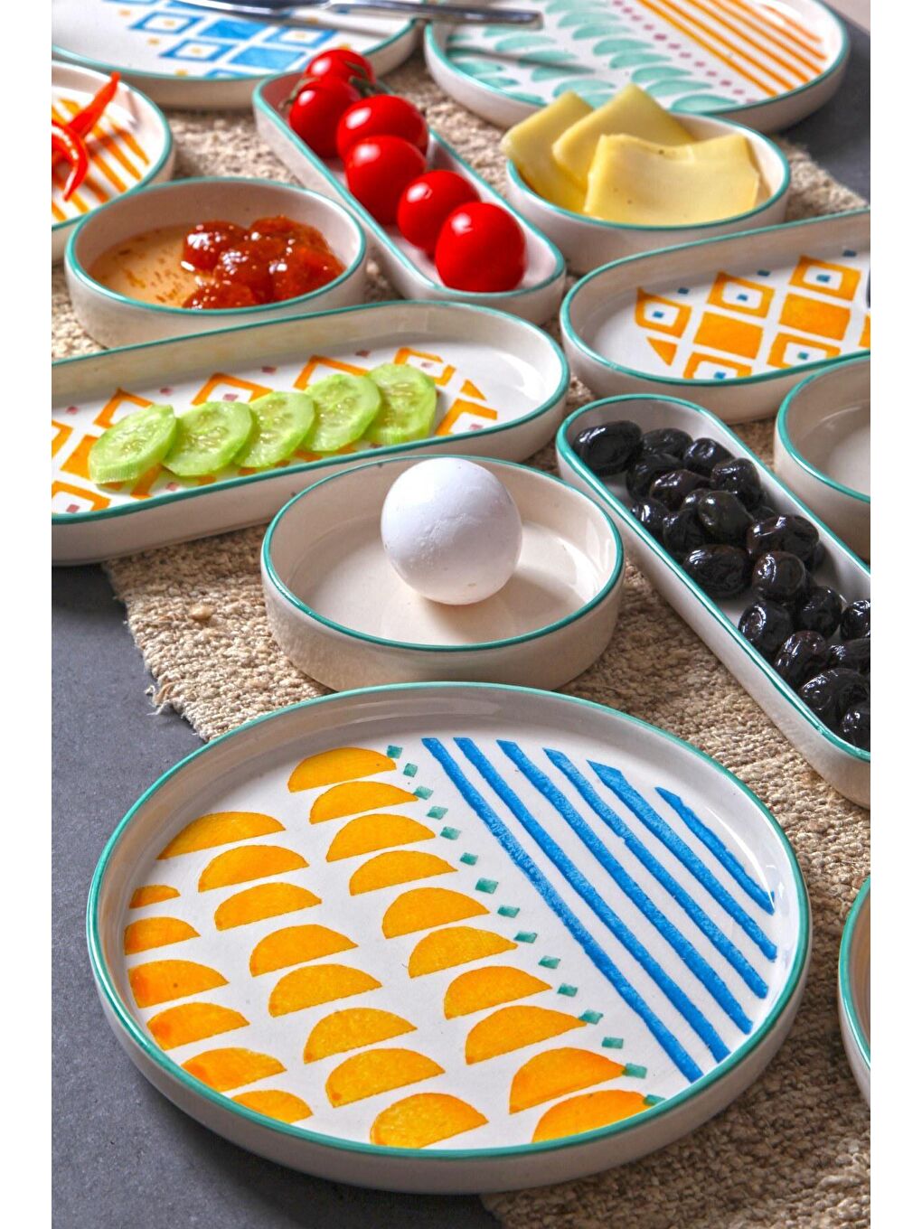 Karışık 14 Parça 6 Kişilik Handmade Renk Kahvaltı Takımı - Lüx Kahvaltılık Sunum Seti-3