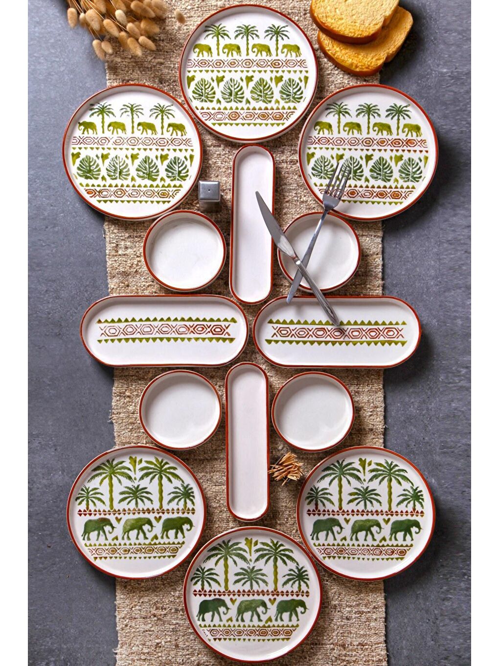 Karışık 14 Parça 6 Kişilik Handmade Fil Kahvaltı Takımı - Lüx Kahvaltılık Sunum Seti