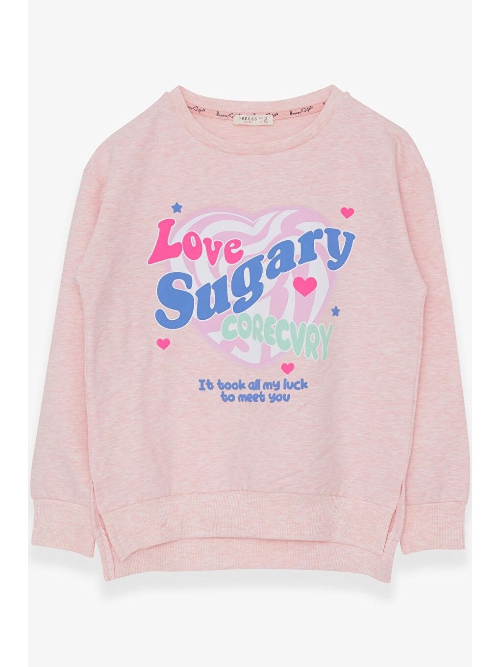 Pembe Kız Çocuk Sweatshirt Yazı Baskılı Yırtmaçlı Somon Melanj (9-14 Yaş)