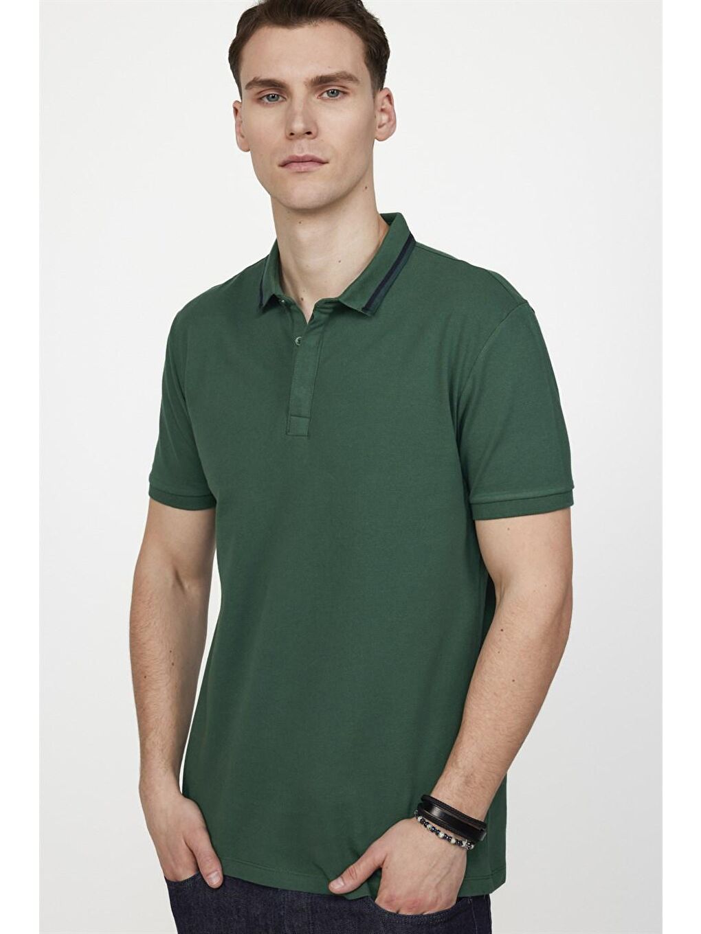 Erkek Spor Polo Yaka Slim Fit Pamuk Gizli Düğme Yeşil Tişört-1