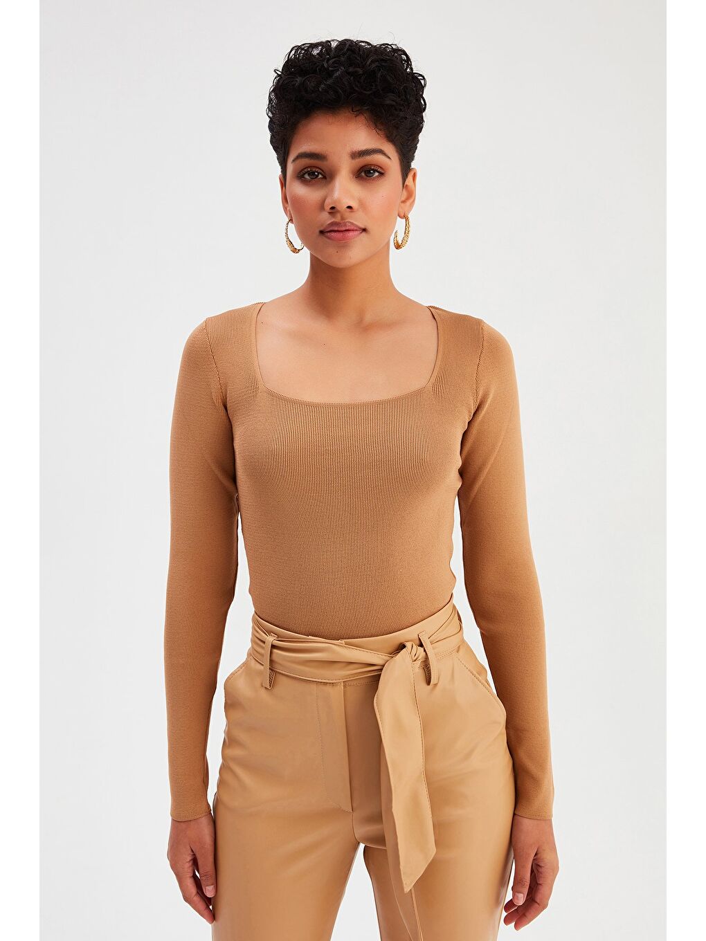 LCW Casual Bej Kare Yaka Triko - Vizon