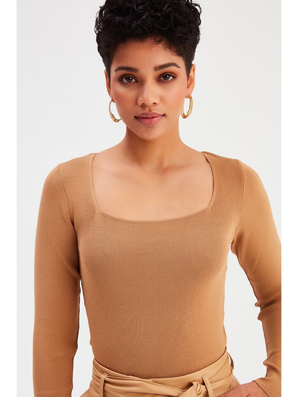 LCW Casual Bej Kare Yaka Triko - Vizon - 1