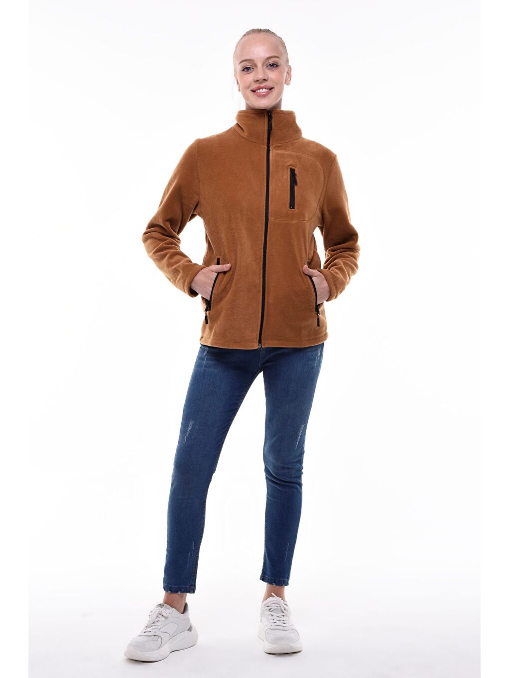 Kahverengi Kadın Polar Tam Fermuarlı Outdoor 3 Cepli Spor Polar Sweatshırt